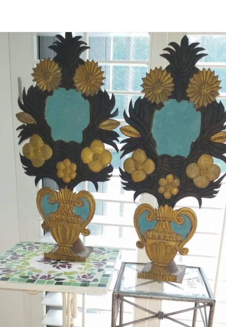 19th Century French Art Deco Painted Tole Metal Altar Flowers - a Pair - 2