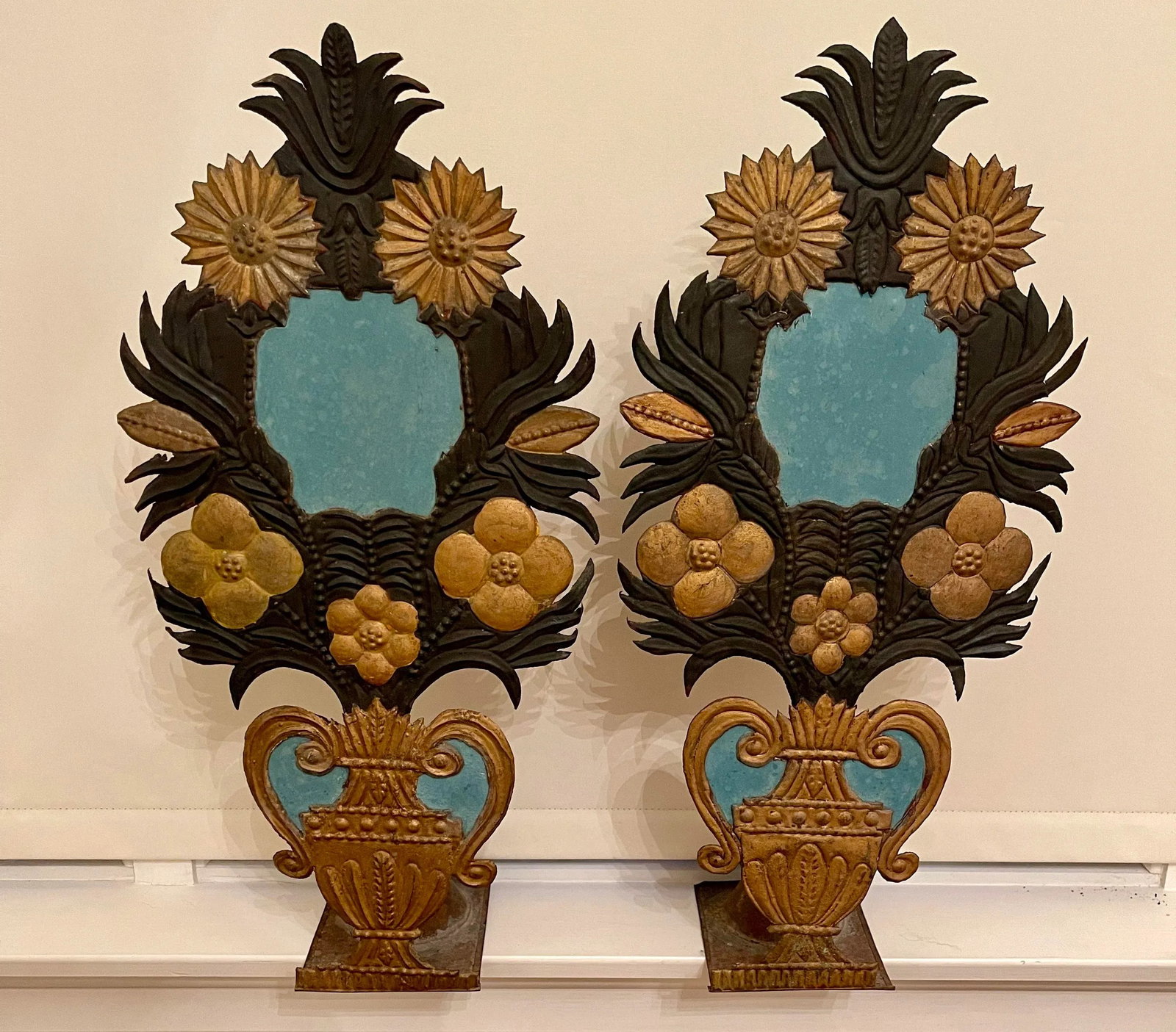 19th Century French Art Deco Painted Tole Metal Altar Flowers - a Pair - 4