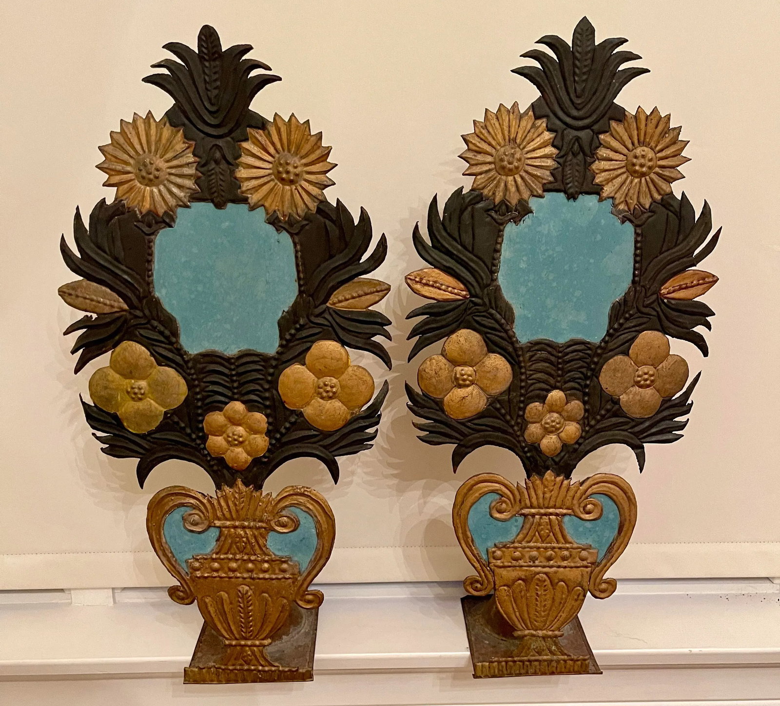 19th Century French Art Deco Painted Tole Metal Altar Flowers - a Pair - 6