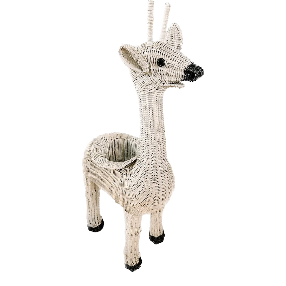 Vintage White Wicker Giraffe Animal Planter Stand: Vintage, white, wicker, giraffe planter. Add some more whimsy to your nursery or sunroom in great vintage condition no major breaks, stains or holes some chipping, paint and scuffs, consistent with