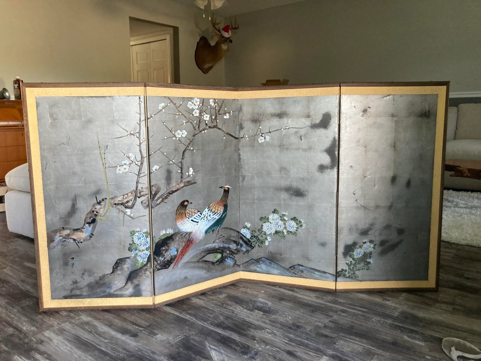 Japanese Meiji Era 18th Century Four Panel Byobu With Male and Female Pheasants, Mountains, Chrysant - 13