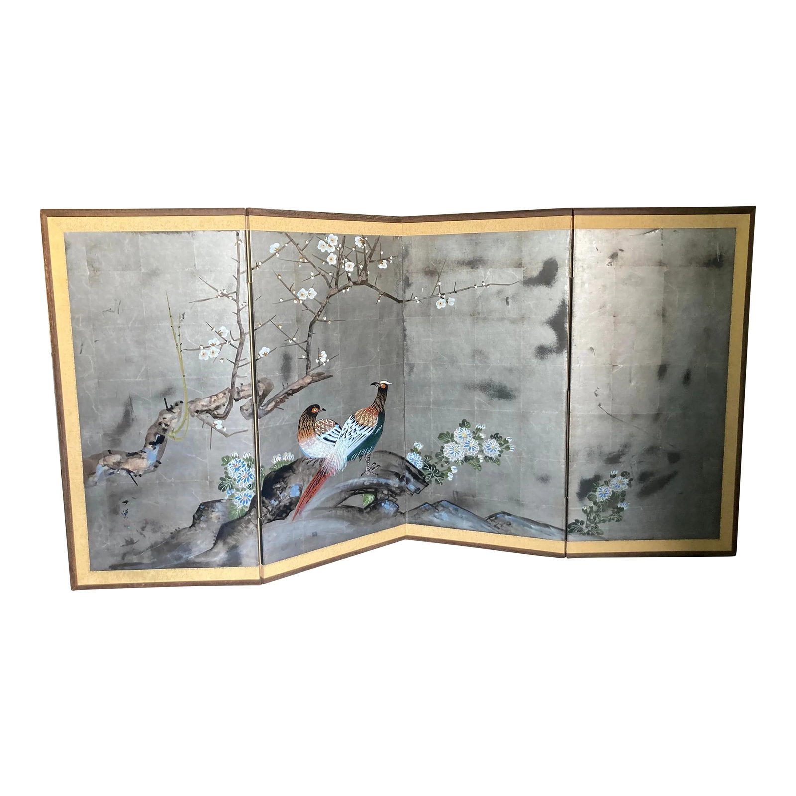 Japanese Meiji Era 18th Century Four Panel Byobu With Male and Female Pheasants, Mountains, Chrysant: This is a petite 4 panel Japanese screen from the Meiji Era (18th century) with beautiful patina evident in places. Please excuse first photo- I did not realize the right side would look so dark. It's