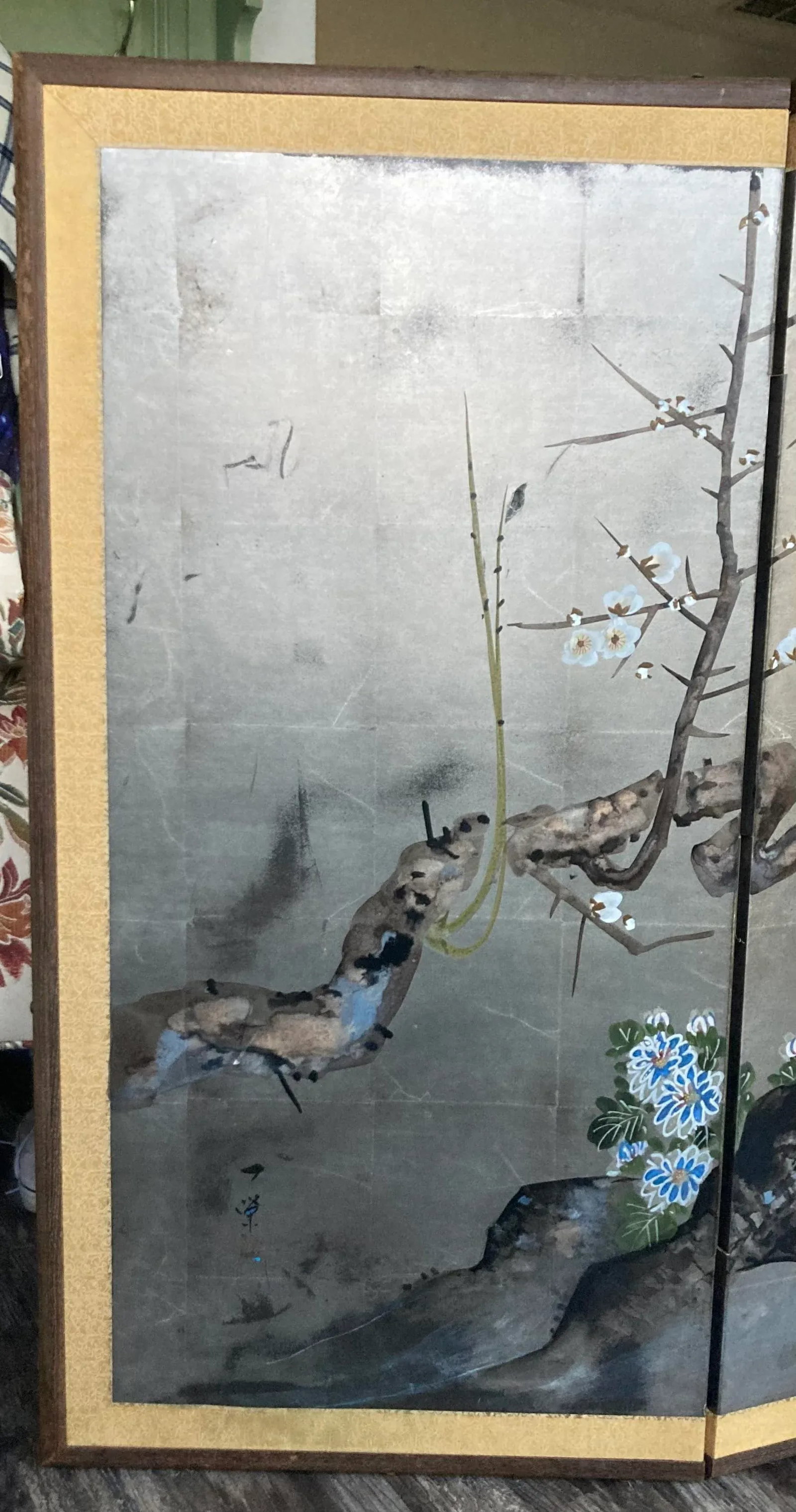 Japanese Meiji Era 18th Century Four Panel Byobu With Male and Female Pheasants, Mountains, Chrysant - 2