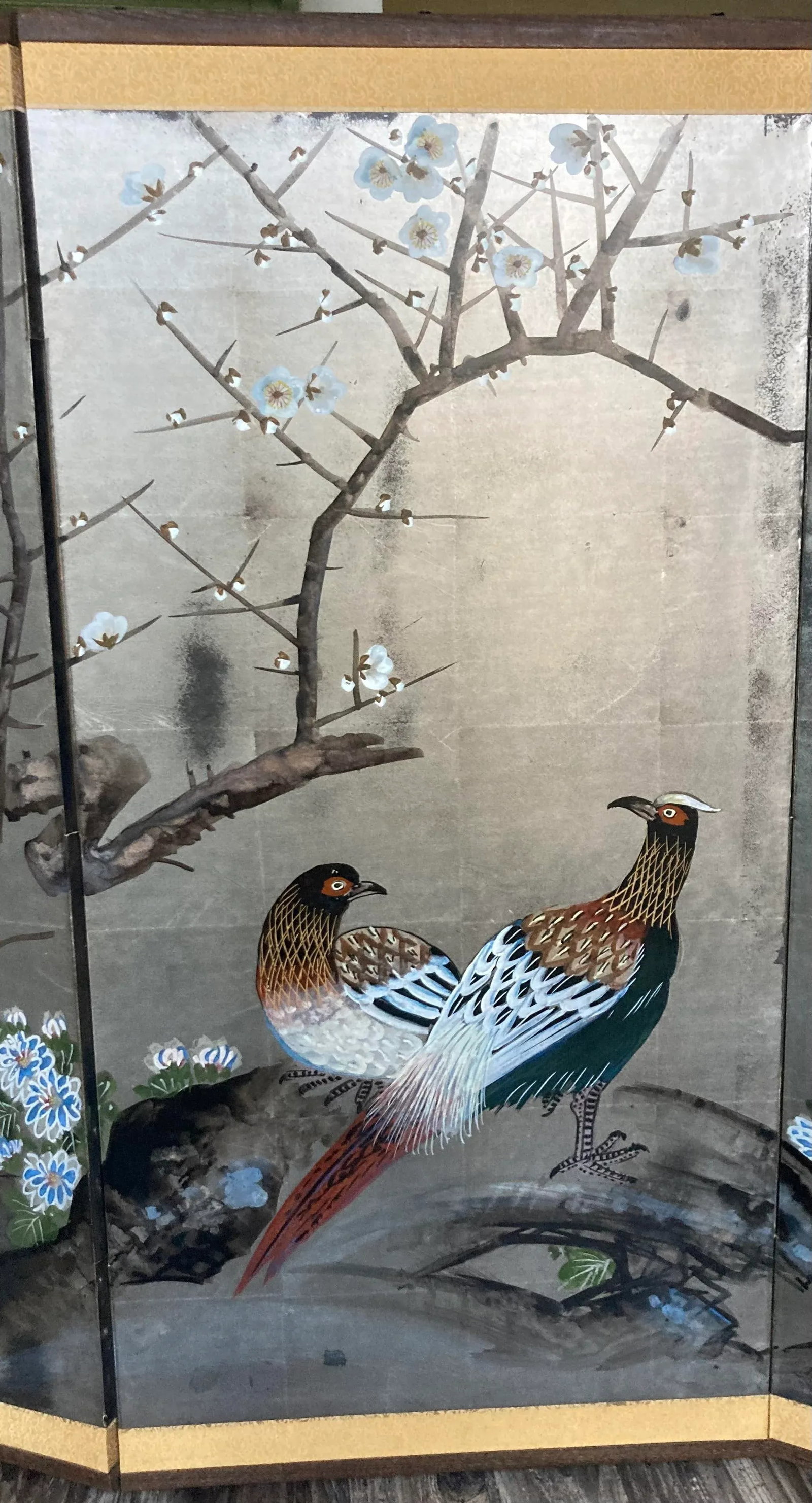 Japanese Meiji Era 18th Century Four Panel Byobu With Male and Female Pheasants, Mountains, Chrysant - 3