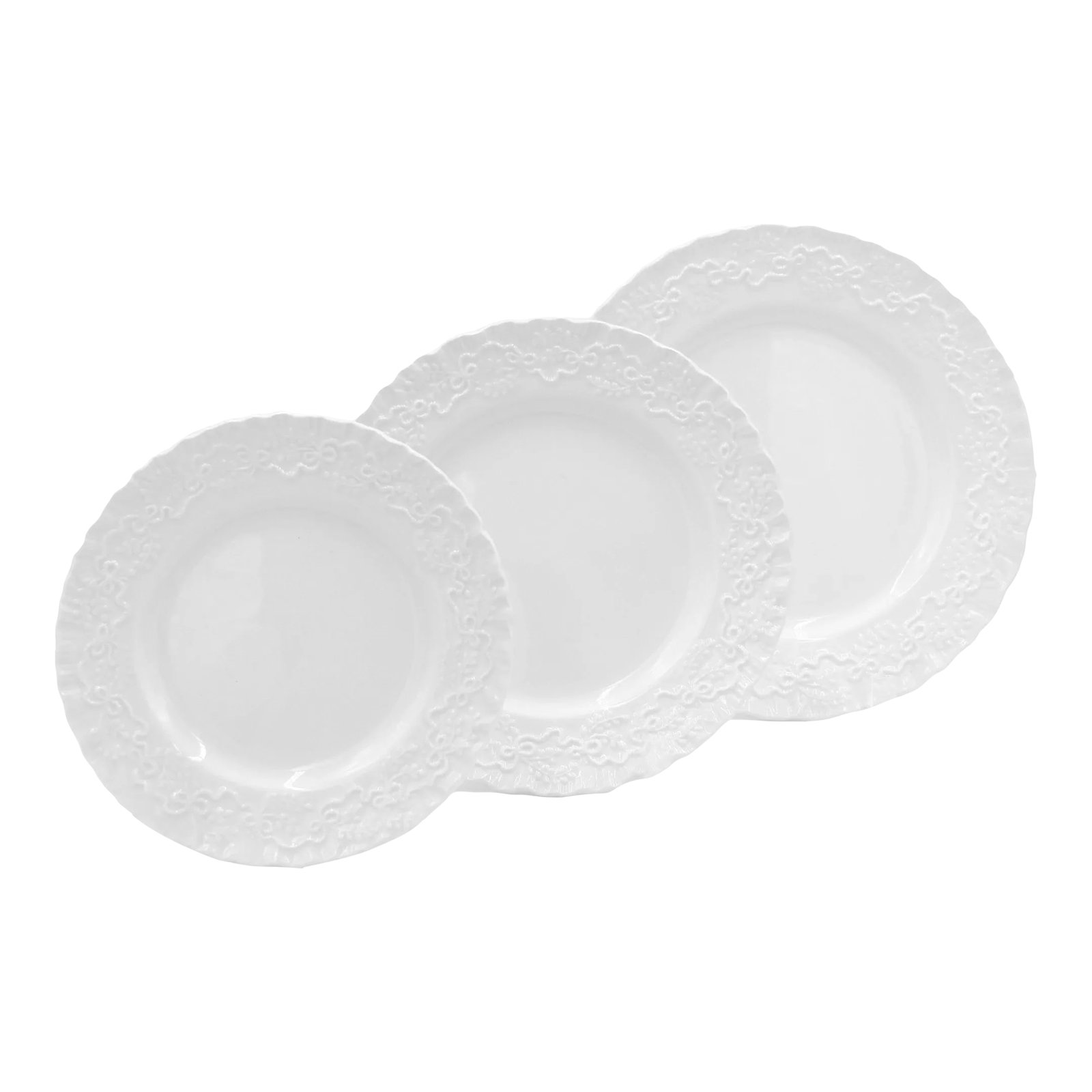 Ralph Lauren Wedgwood England Claire White Service for 10 Dinnerware - 30 Piece Set: A beautiful all white set with no obvious signs of use Embossed trim of ribbons, bows, and soft leaf branches Scalloped rims and a glossy glaze Very light and very scant utensil marks No chips nor
