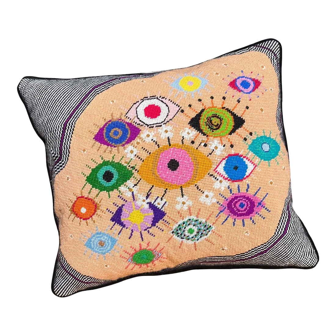 Needlepoint "IdolEYES" Hand-Embroidered Pillow, Original, One of a Kind: Where do we begin? IdolEYES is spectacular! Every orb possesses its own identity, like an individual piece of art, presented in a fantastical, imaginative form. Sunbeam iris. Hitchcock vertigo.