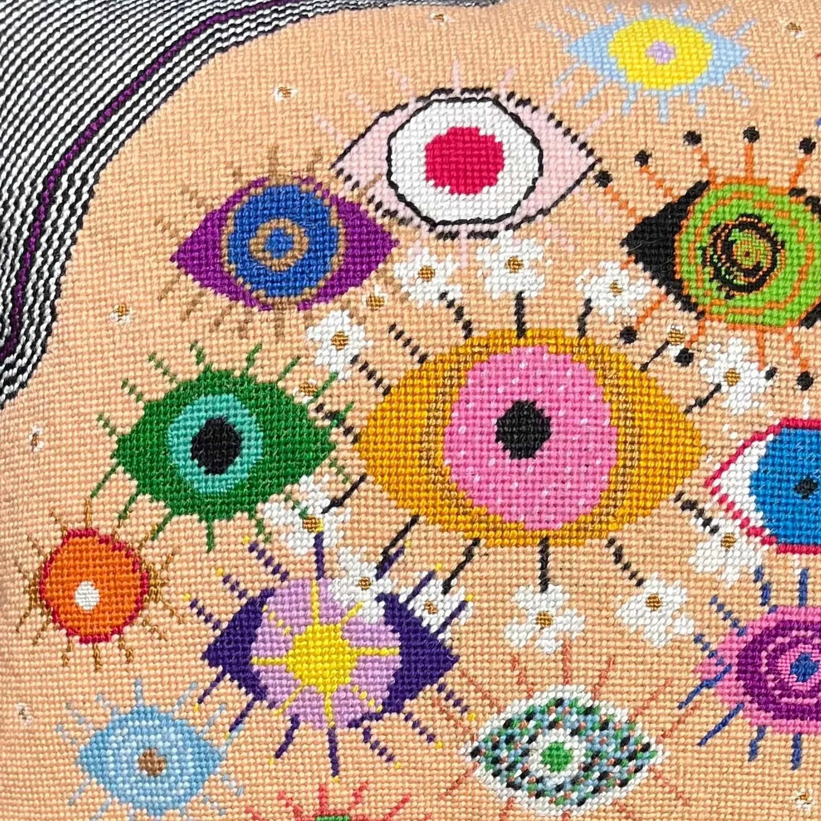 Needlepoint "IdolEYES" Hand-Embroidered Pillow, Original, One of a Kind - 4