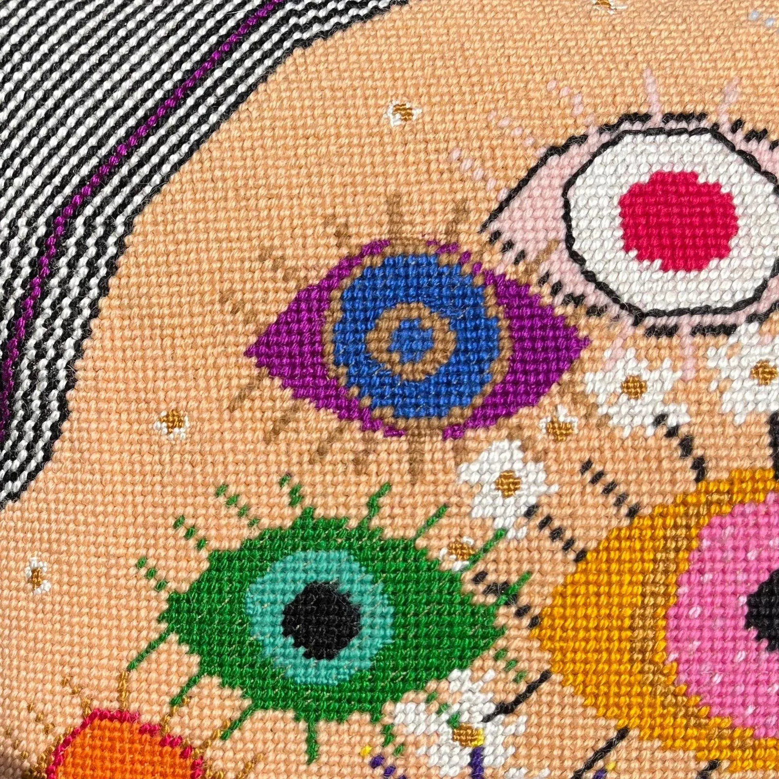 Needlepoint "IdolEYES" Hand-Embroidered Pillow, Original, One of a Kind - 5