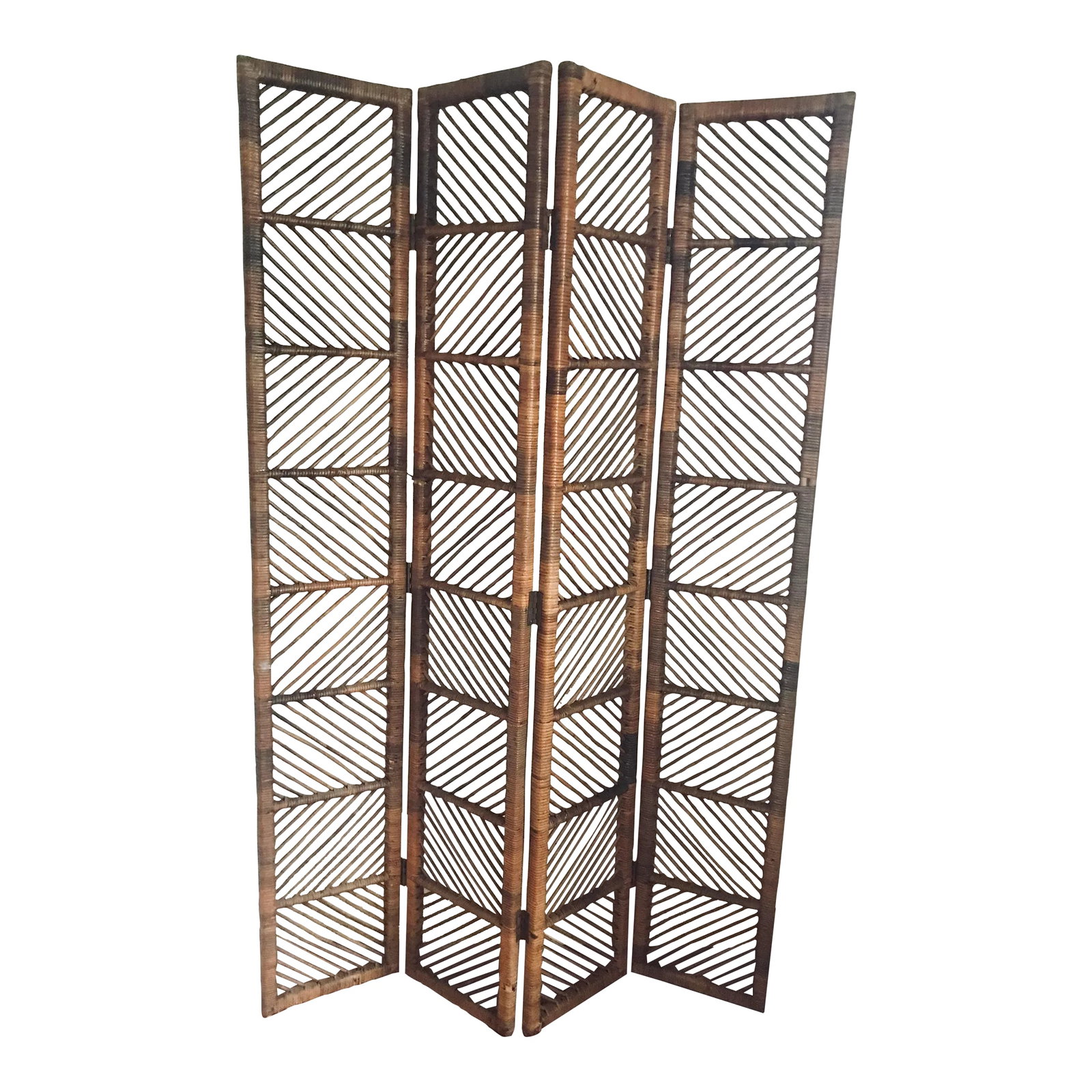1960s Mid-Century Modern Rattan Room Divider Screen: This Mid-Century Modern rattan screen is absolutely striking with it's modernist diagonal design and impressive 7' tall height. It's remarkably sleek for rattan, giving it a dynamic and impactful