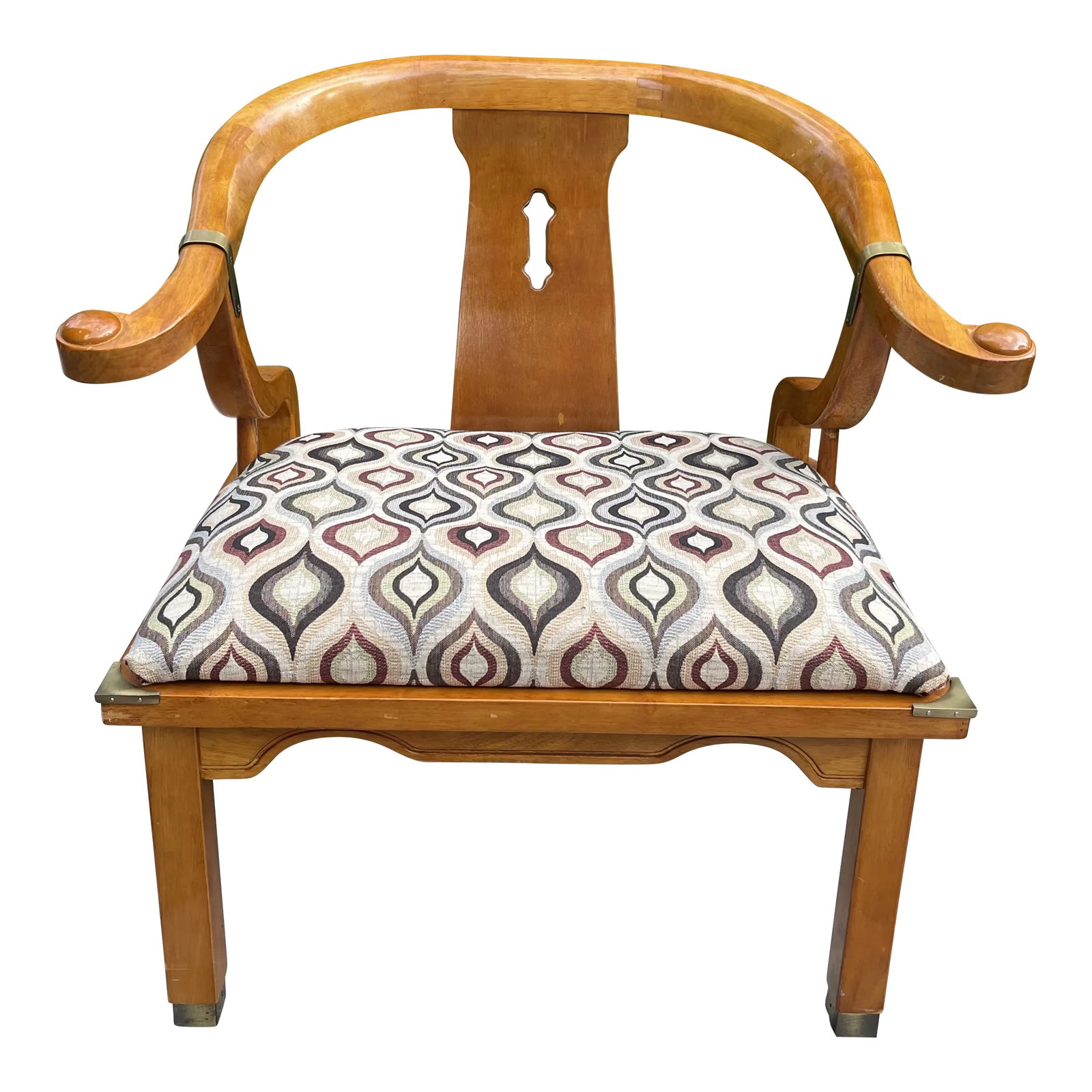 1960s James Mont Style Asian Chinoiserie Ming Horseshoe Chair by Century Furniture: James Mont Ming Chair in beautiful original honey wood color. Overall excellent condition but could benefit from updated upholstery. Made by Century Furniture. in the 1960'a. Fabulous Mid-Century