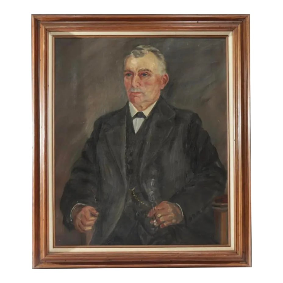 Early 20th Century Danish School Portrait Oil Painting of a Gentleman, Framed: A very dignified danish school portrait of a gentleman with a gold watch fob pocket watch and a cigar. Sadly cut down to a smaller frame and hence the loss of the artists signature no doubt