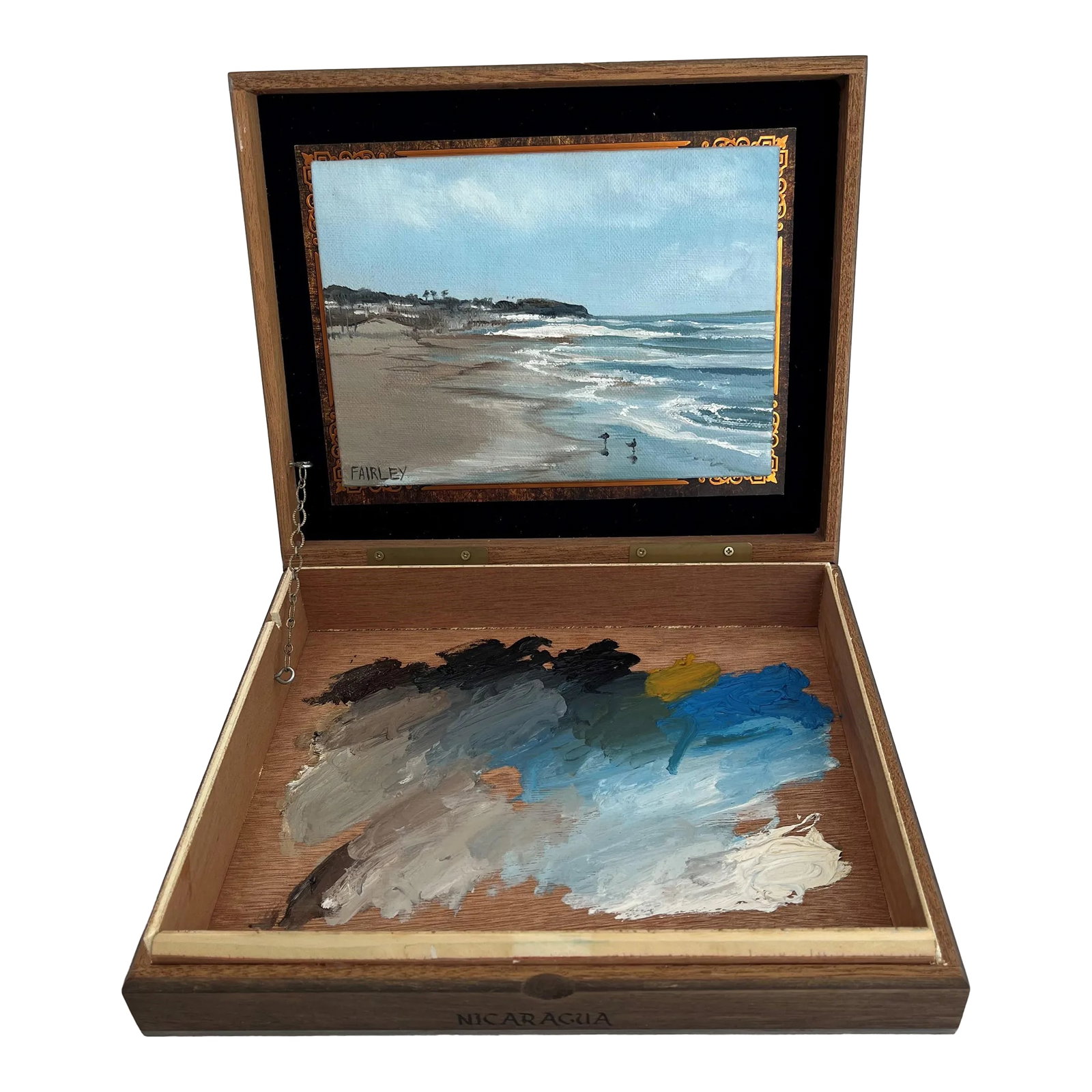 Shore Thing! Original Art Assemblage Box by Jessica Fairley.: Open this cigar box and let it tell you a story. Both painting and palette are revealed and curated in this one of a kind assemblage by California artist, Jessica Fairley. Condition: Imperfections: