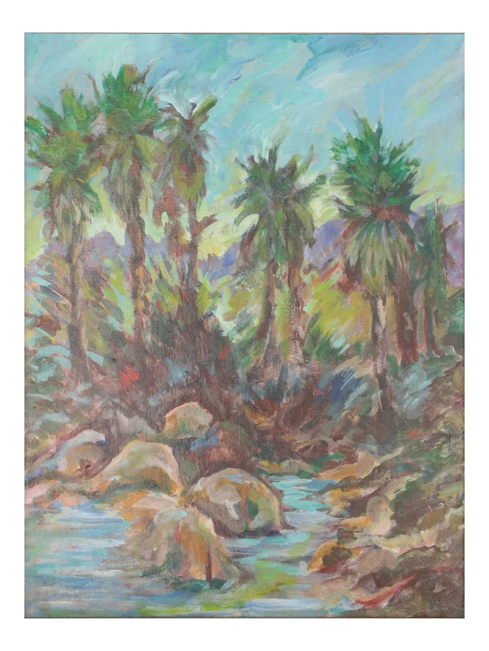 Vintage Original Lanscape of Palm Trees and River: Beautiful land and seascape with rich saturated colors. Unsigned. Displayed in a painted silver and baby blue wood frame. Condition: Alterations: Unknown Imperfections: Some Imperfections Condition