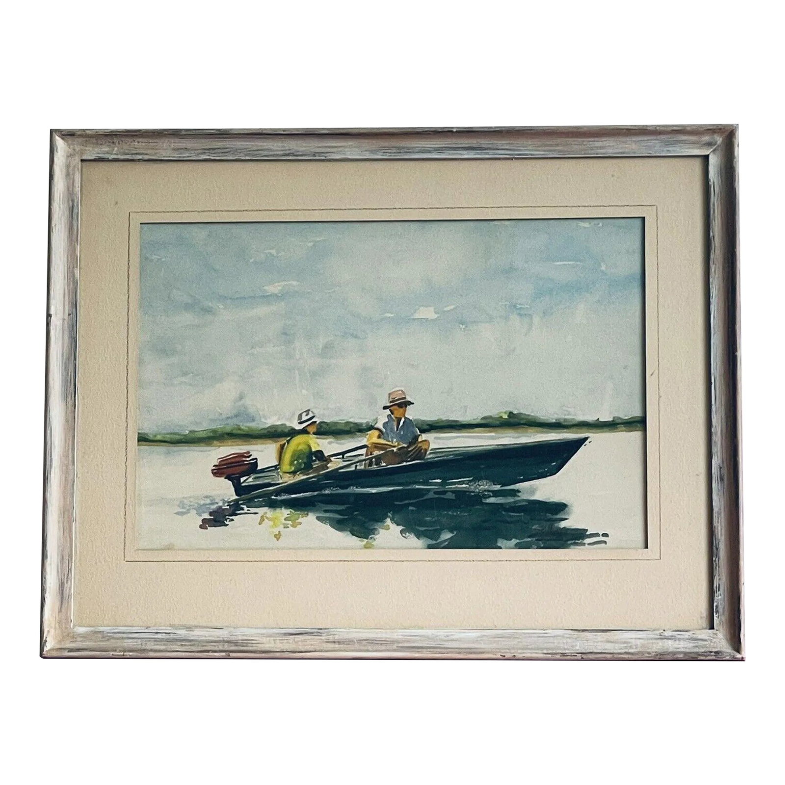 1988 Lake Fishermen Original Fine Art Watercolor Gouache Painting Signed Stillman, Framed: PALM BEACH ESTATE FIND!! Lovely Watercolor of two fisherman on the lake signed Stillman and dated 1988. Overall measurements 22.5" wide and 17" high. The art measures 16.5" x 10.5" within the matte.