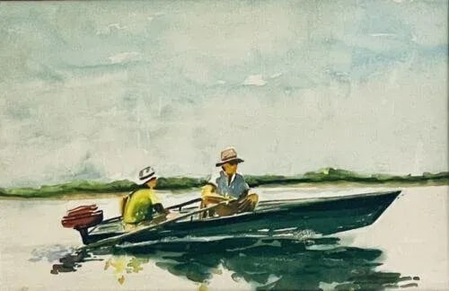 1988 Lake Fishermen Original Fine Art Watercolor Gouache Painting Signed Stillman, Framed - 2