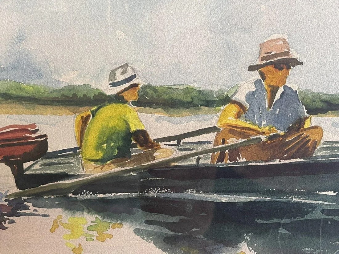 1988 Lake Fishermen Original Fine Art Watercolor Gouache Painting Signed Stillman, Framed - 3