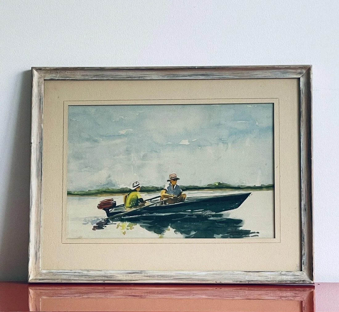 1988 Lake Fishermen Original Fine Art Watercolor Gouache Painting Signed Stillman, Framed - 6