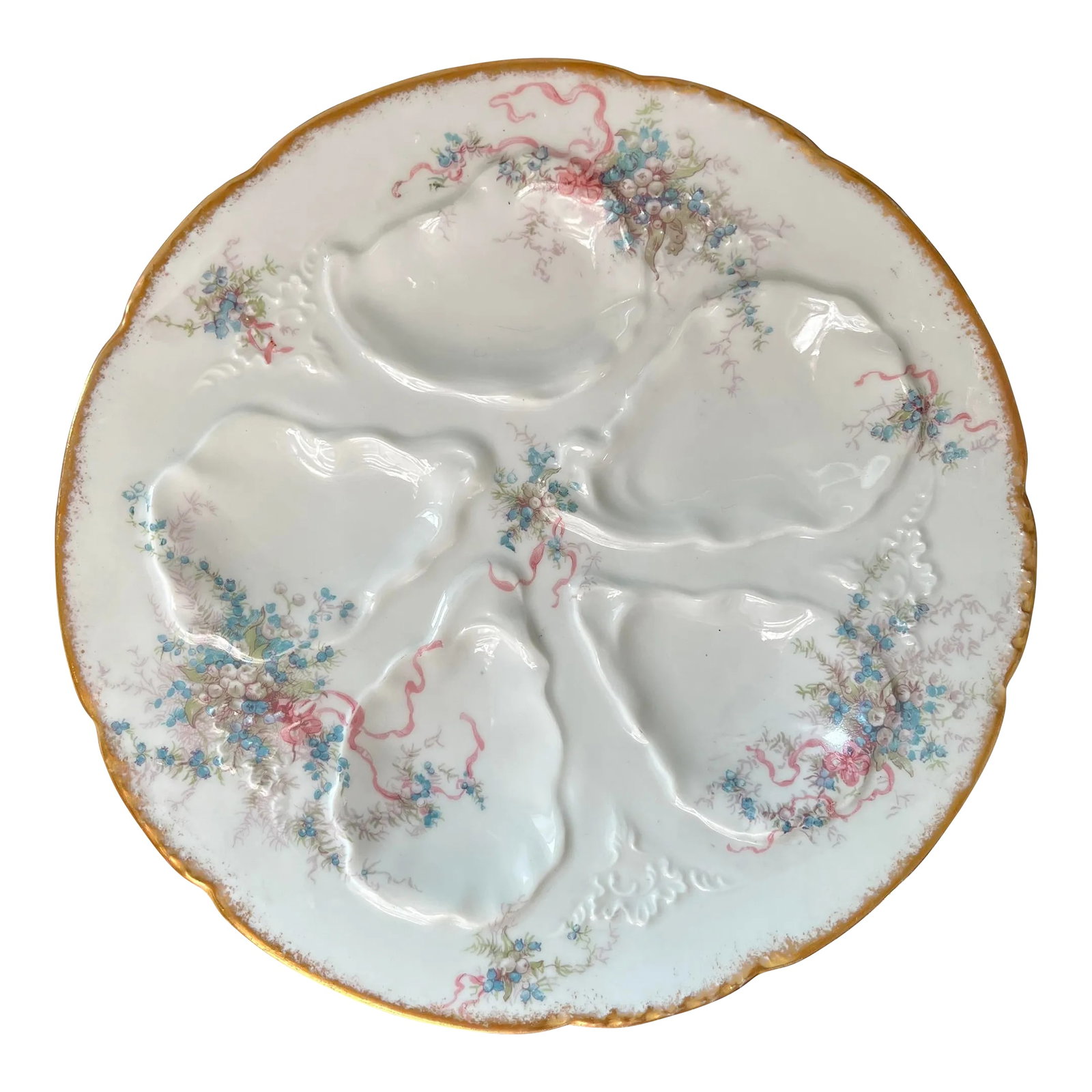 Antique Limoges Oyster Plate: Antique Haviland Limoges porcelain oyster plate with painted floral and ribbon design Condition: Alterations: Original Condition Unaltered Imperfections: Some Imperfections Condition Notes: No