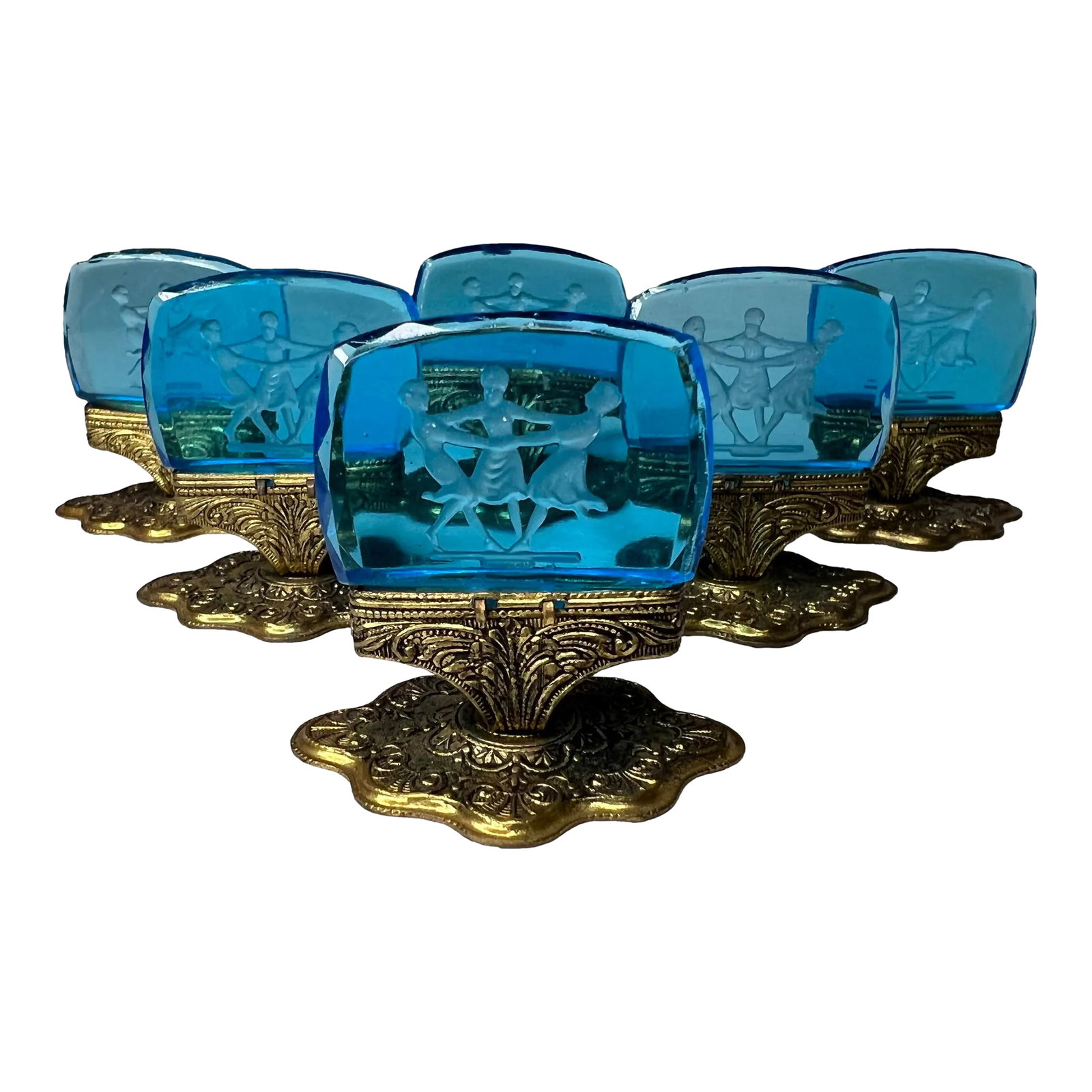 Vintage Czech Moser Blue Intaglio Place Card Holders- Set of 6 (1 of 5)