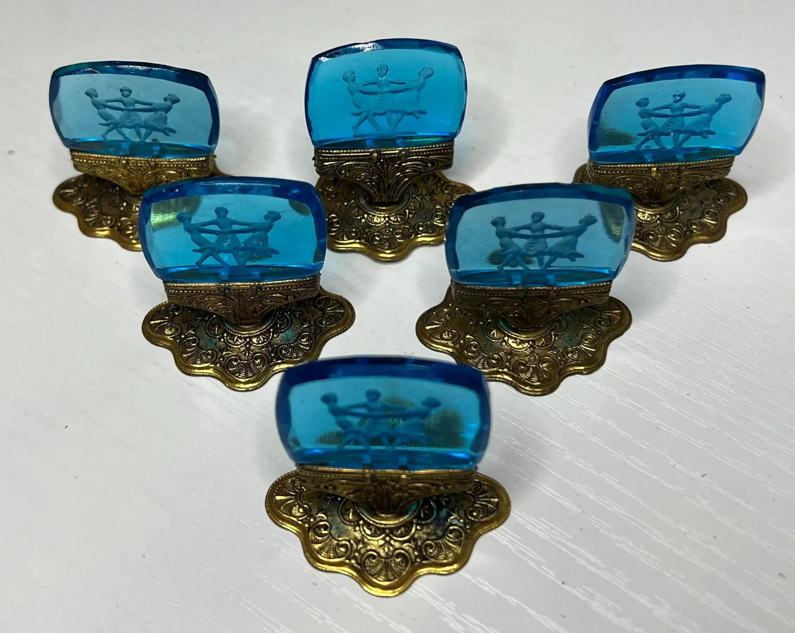 Vintage Czech Moser Blue Intaglio Place Card Holders- Set of 6 - 2