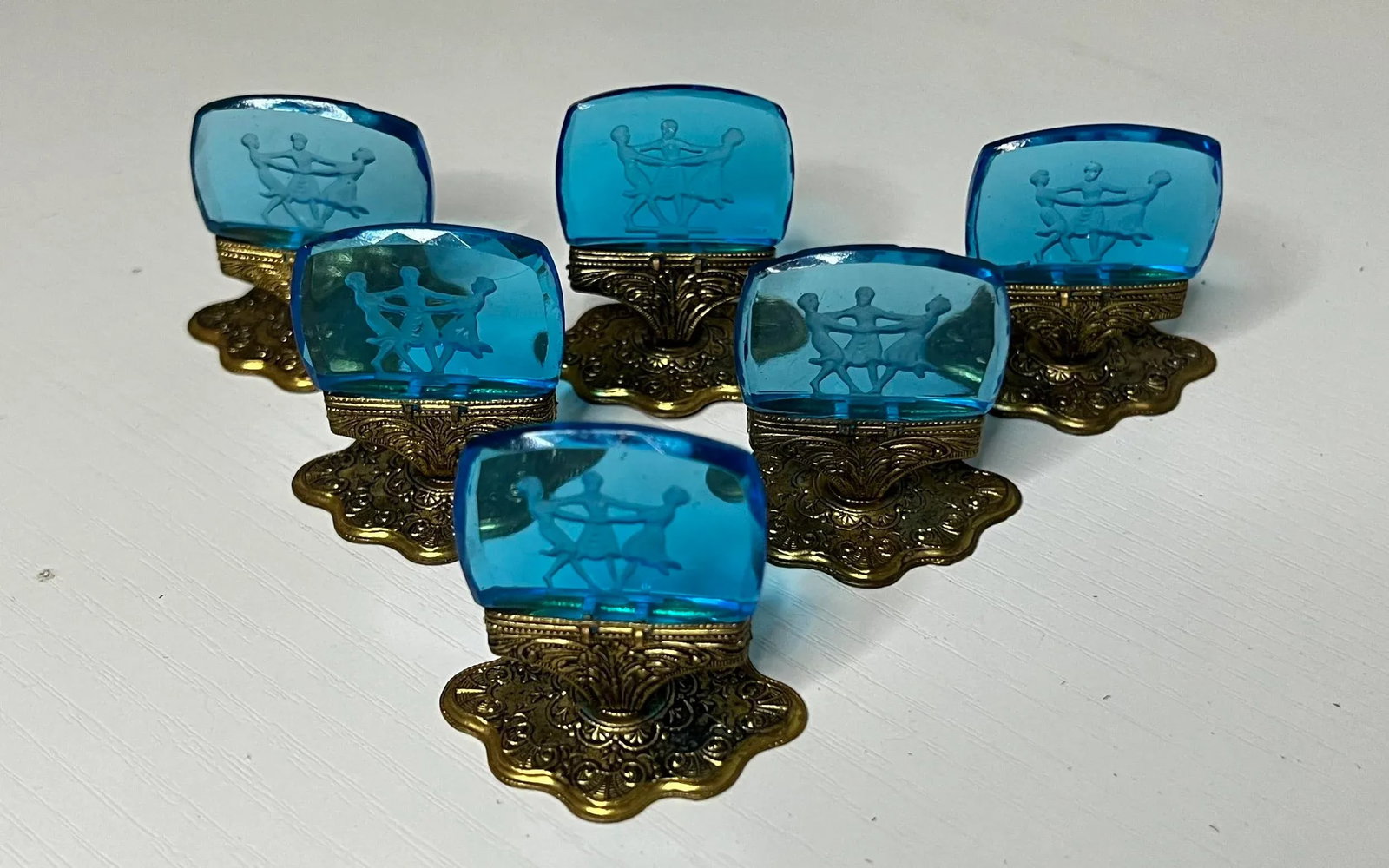 Vintage Czech Moser Blue Intaglio Place Card Holders- Set of 6 - 3