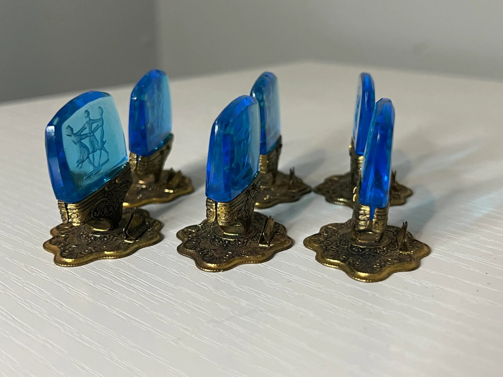 Vintage Czech Moser Blue Intaglio Place Card Holders- Set of 6 - 4
