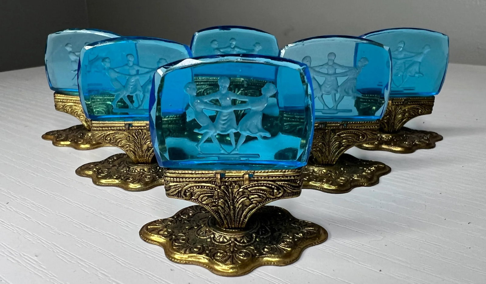 Vintage Czech Moser Blue Intaglio Place Card Holders- Set of 6 - 5