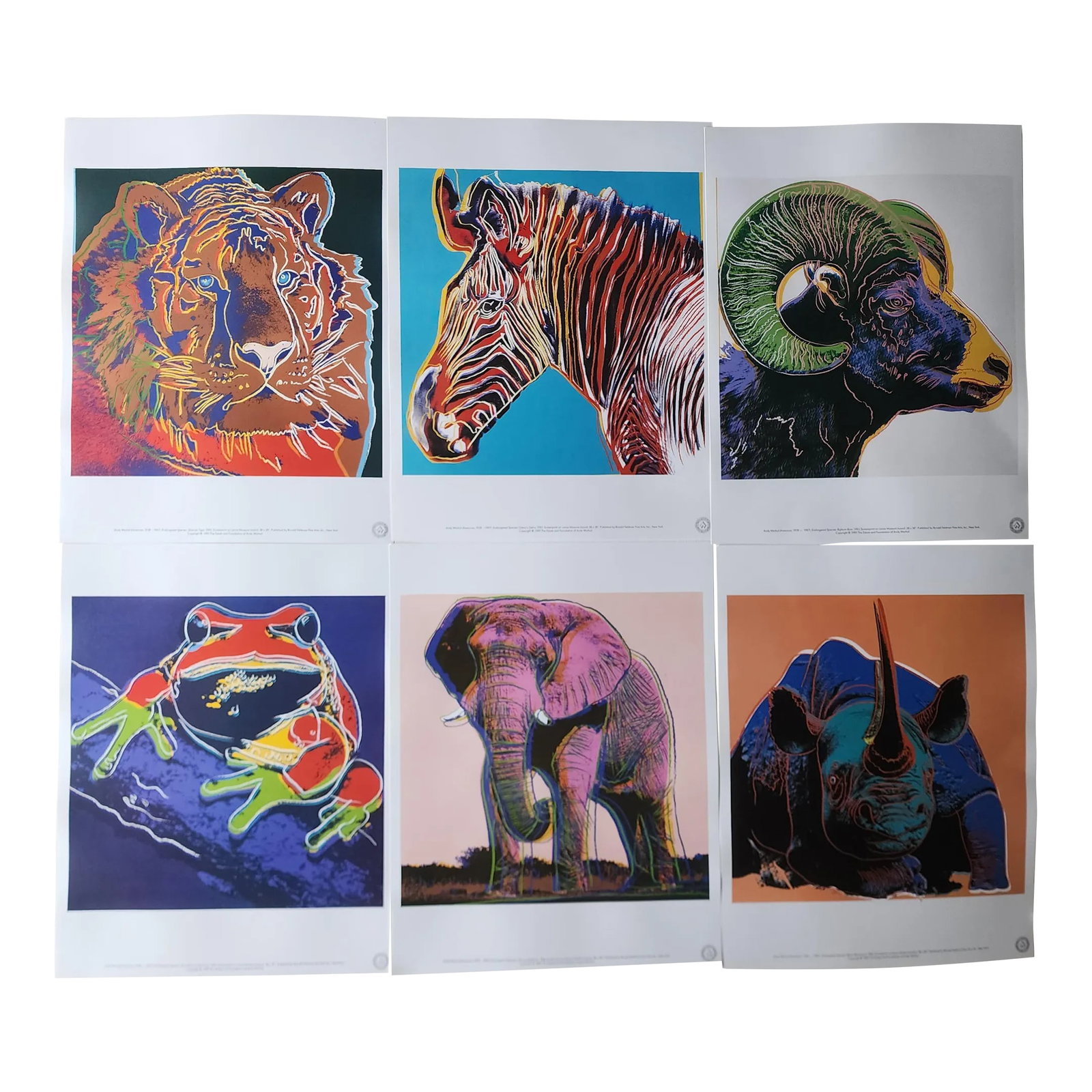 1989 Andy Warhol Endangered Species Prints in Original Portfolio: Andy Warhol's 1989 "Endangered Species" portfolio features six lithograph prints of animals listed on the endangered species list in 1983. It was produced by Te Neues Publishing Co in 1989 in Germany 