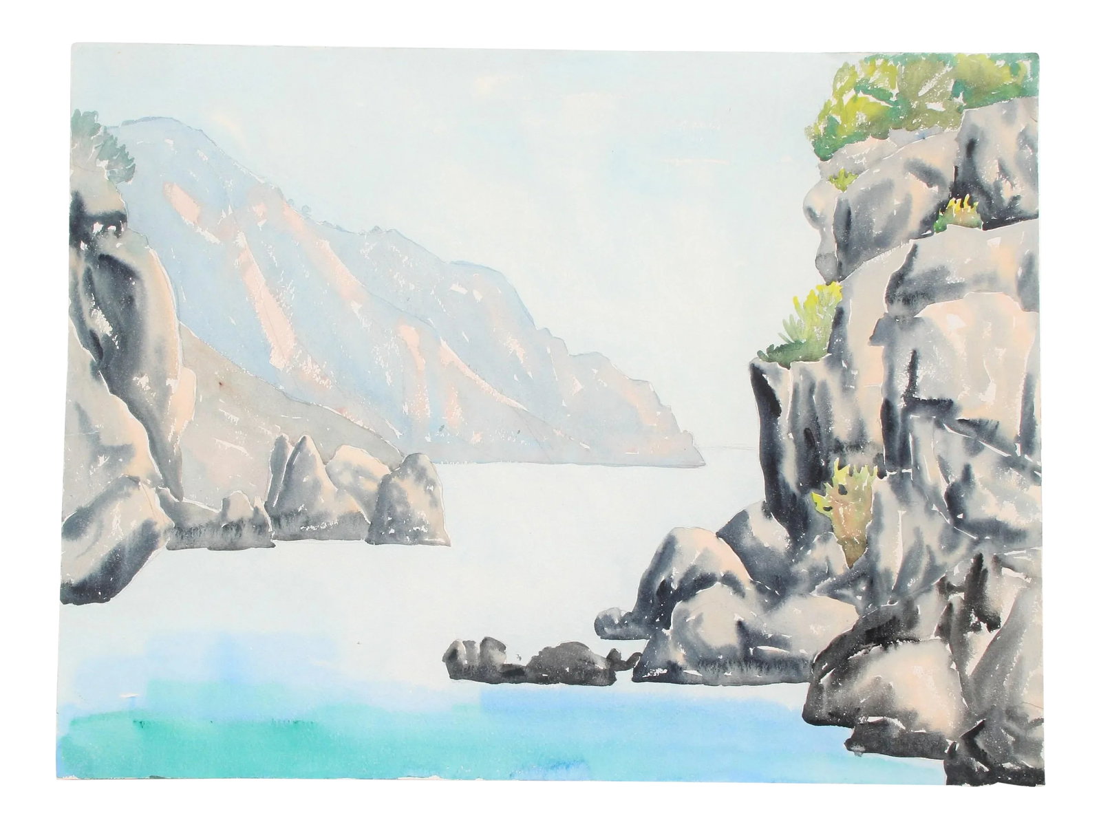 Original Vintage Nordic Waters Watercolor Painting: A spectacular vista of a beautiful Nordic waterway. Signed "Ruth Ann Younglove," on verso in pencil. A listed artist, Younglove (1909 - 2002), lived and painted in Pasadena, California and is known