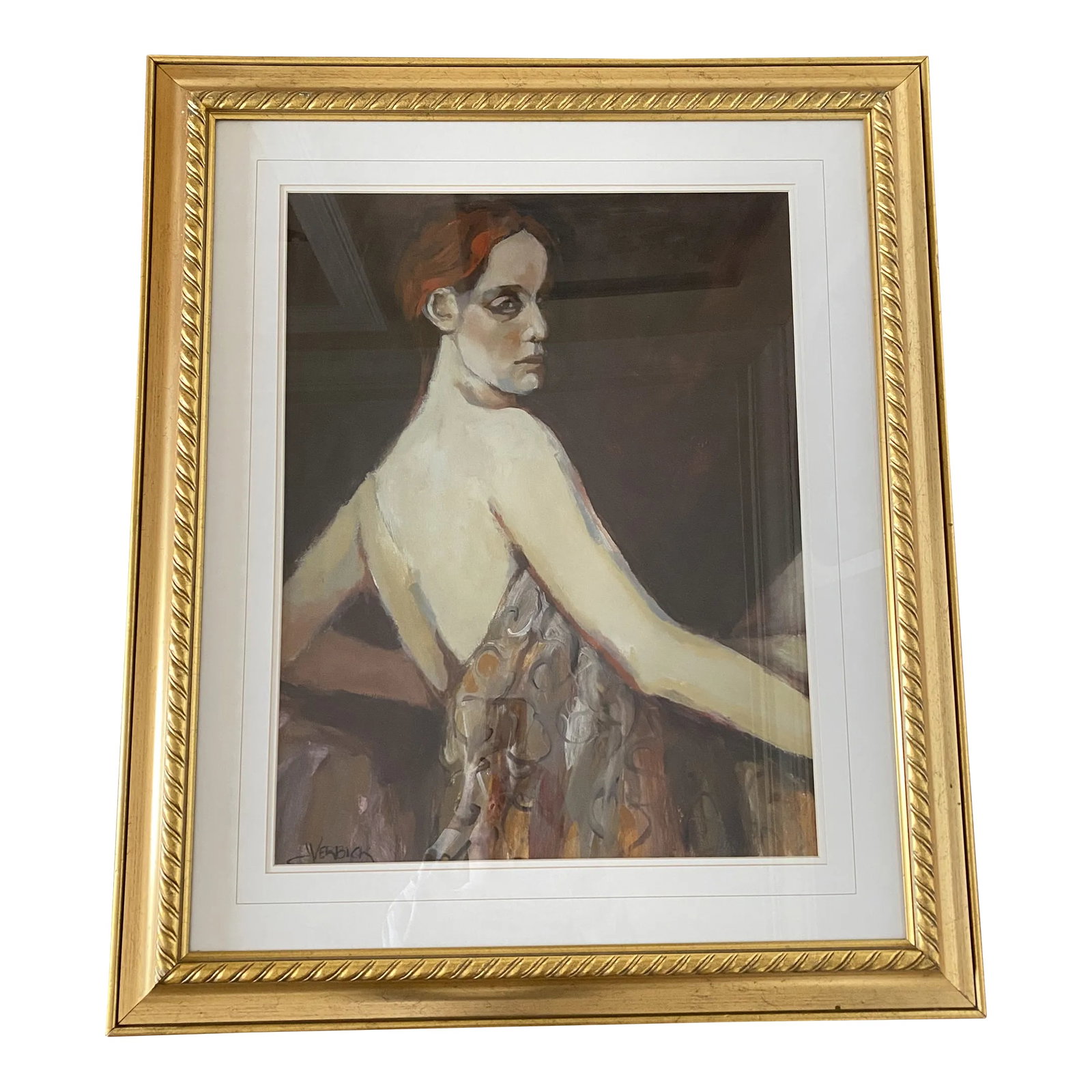 Mid-Century Original Portrait Painting of a Woman: Stunning original Mid-Century portrait painting of a red haired woman. Very moody with colors of dark gray, purples, white, and orange. Pictures do not do justice to the piece! Framed in a newer gold