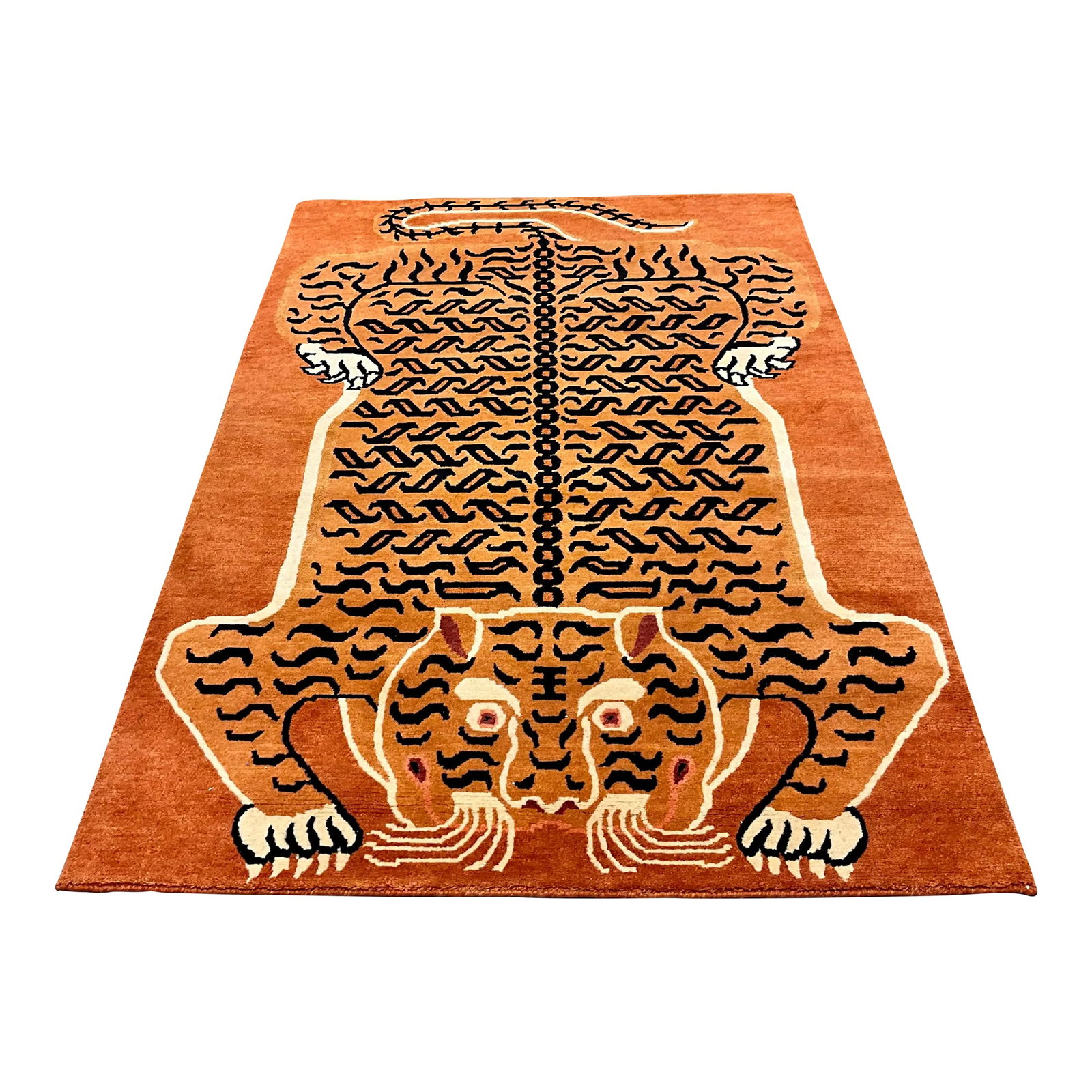 2020s Indian Hand Knotted Wool Rug With Chinese Tiger Motif: This is a fun area rug! It is an Indian hand knotted wool rug with a Chinese tiger motif. It is in very good condition. Condition: Alterations: Original Condition Unaltered Imperfections: Some