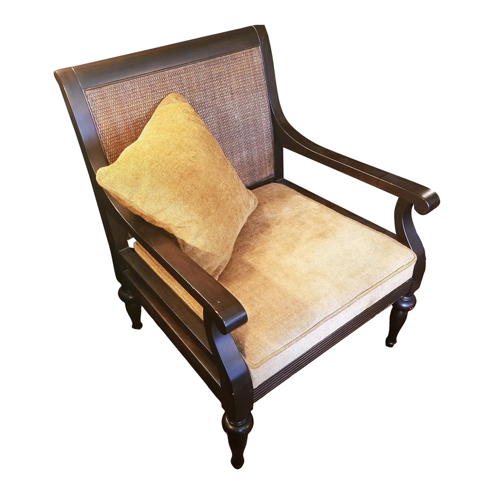 Palecek Chenille Lounge Chair With Throw Pillows: A great traditional armchair with a caned back. Comfortable sit. Offers a lot of rich color to put in your space! Condition: Imperfections: Some Imperfections Condition Notes: A fantastic chair, very