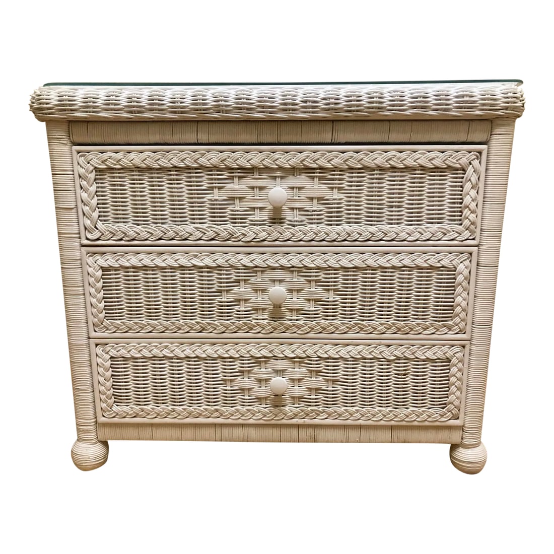 Vintage Boho Chic Henry Link for Lexington Woven Wicker Dresser With Glass Top: Exceptional three drawer dresser by Henry Link for Lexington Furniture Co. Features a wicker weave thoughout with beautifully detailed drawers. Includes a glass for top. Available is on another