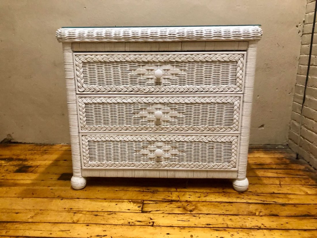 Vintage Boho Chic Henry Link for Lexington Woven Wicker Dresser With Glass Top - 2