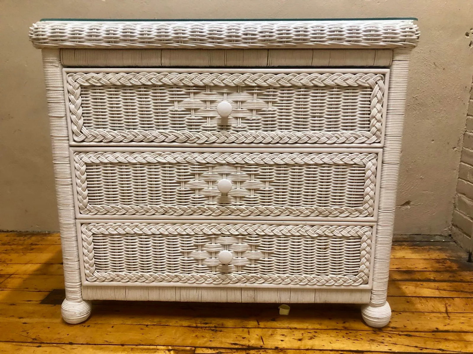 Vintage Boho Chic Henry Link for Lexington Woven Wicker Dresser With Glass Top - 3