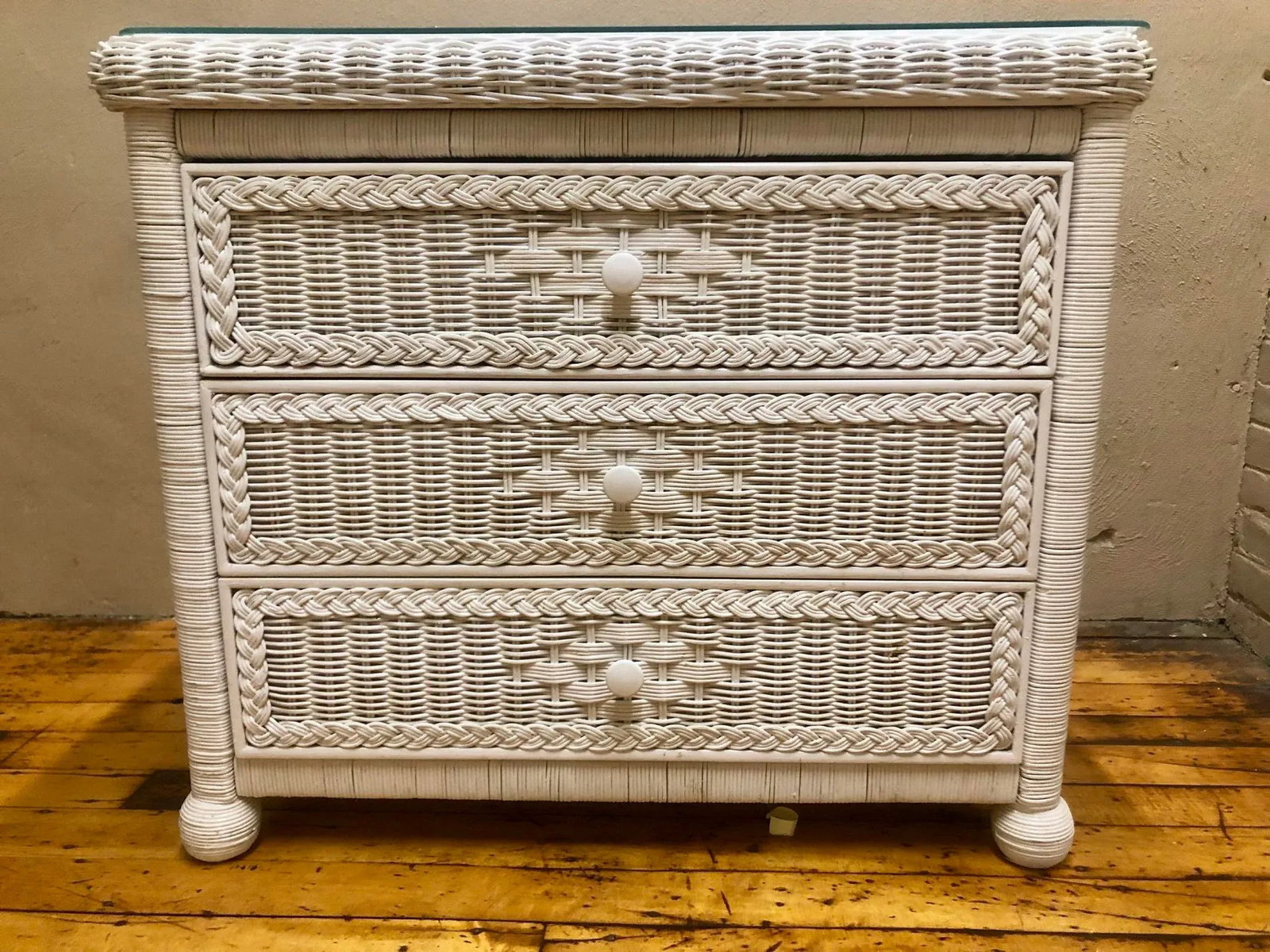 Vintage Boho Chic Henry Link for Lexington Woven Wicker Dresser With Glass Top - 5