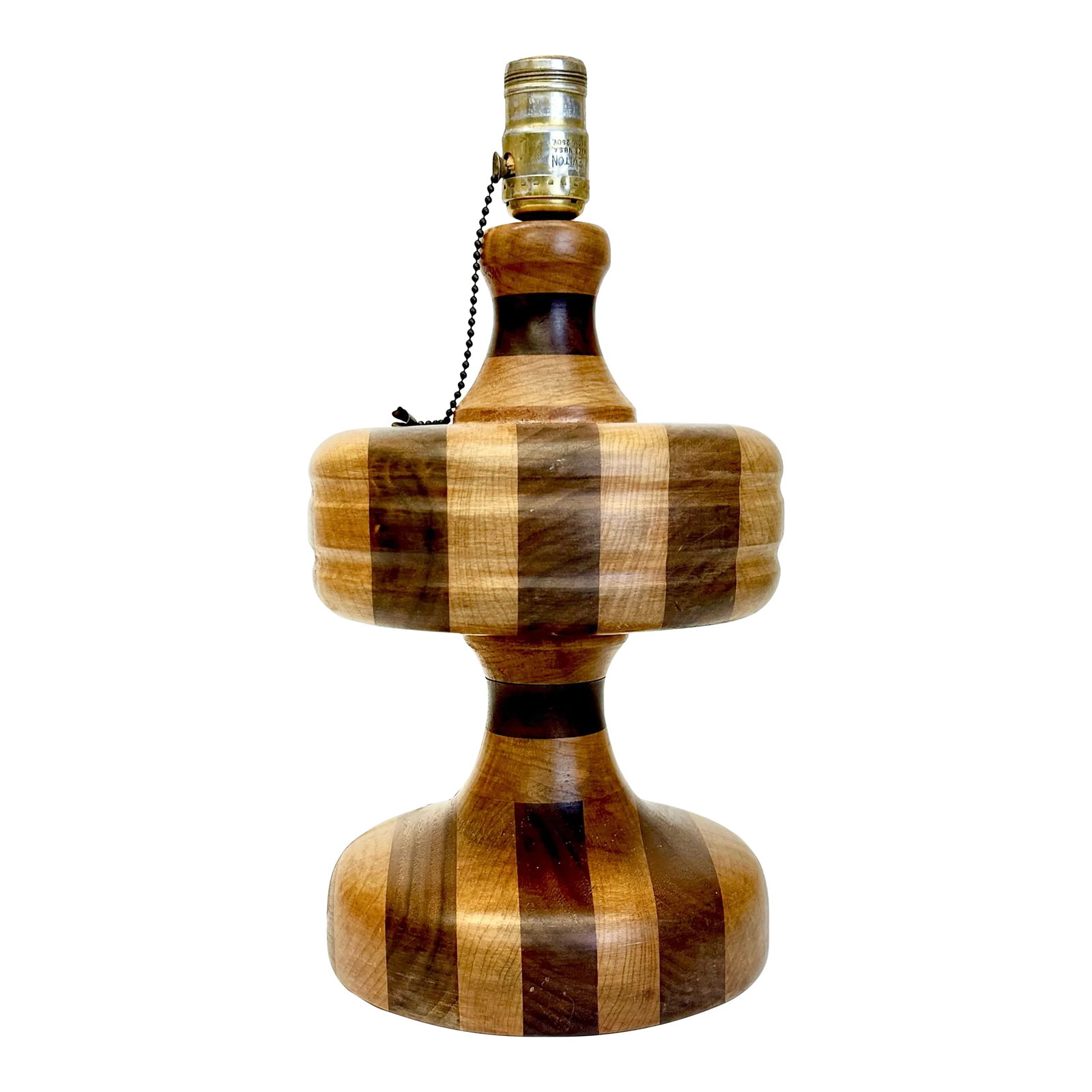2-Toned Striped Wooden Table Lamp: RELOCATION SUPER SALE! HUGE MARK DOWNS The impeccable craftsmanship of this rare and unusual table lamp is remarkable and certainly a conversation piece. It has a pull chain for to operate on/off,