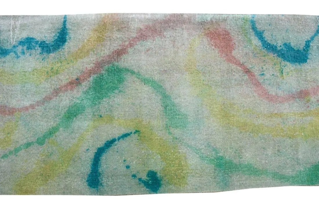 Modern Green Coloful Contemporary Runner Distressed Wool 3'2" X 12'4" - 2