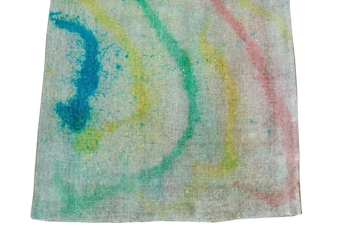 Modern Green Coloful Contemporary Runner Distressed Wool 3'2" X 12'4" - 3