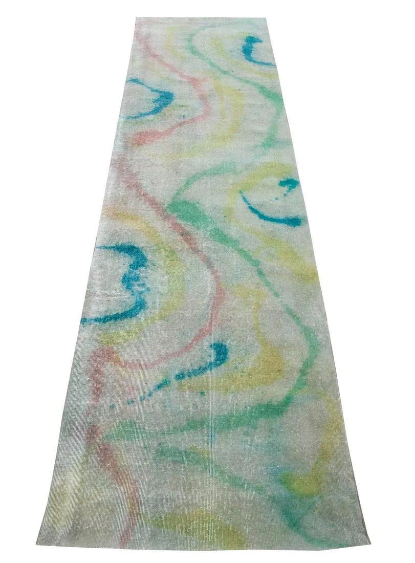 Modern Green Coloful Contemporary Runner Distressed Wool 3'2" X 12'4" - 4