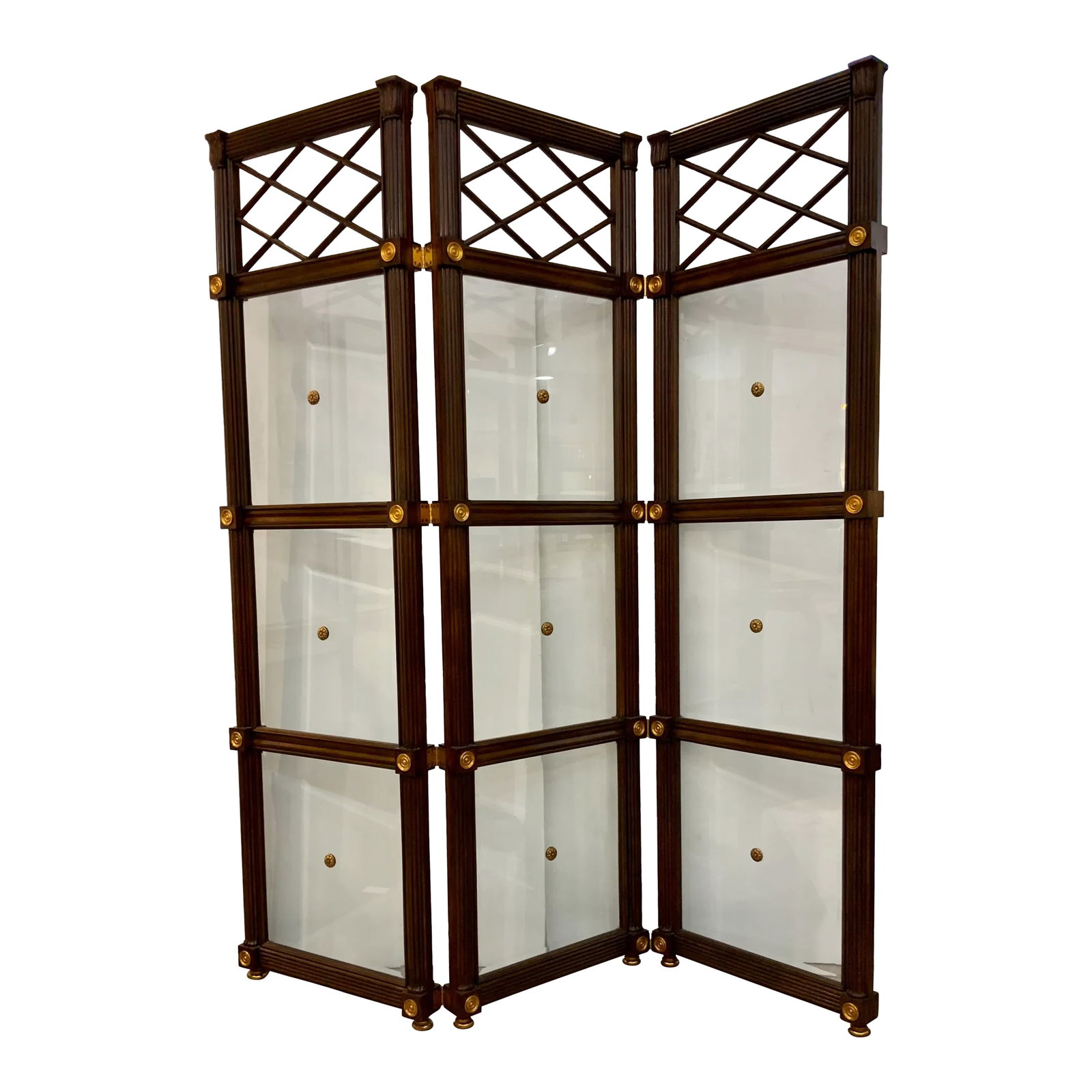 Maitland-Smith Neoclassical Style Regency Mahogany Finished 3 Panel Glass Screen (1 of 8)