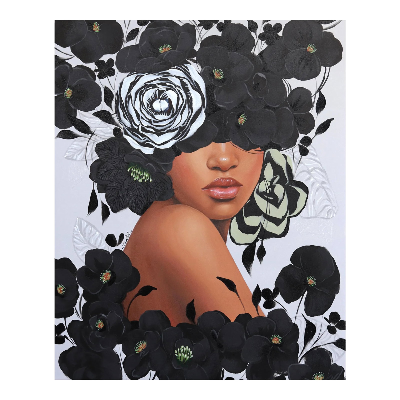 Empress Ii Original Artwork by Sally K: Lebanese American artist Sally K.'s captivating floral portraits are both mesmerizing and empowering. Her pop-realistic paintings are inspired by strong, feminine women, celebrating the individuality 