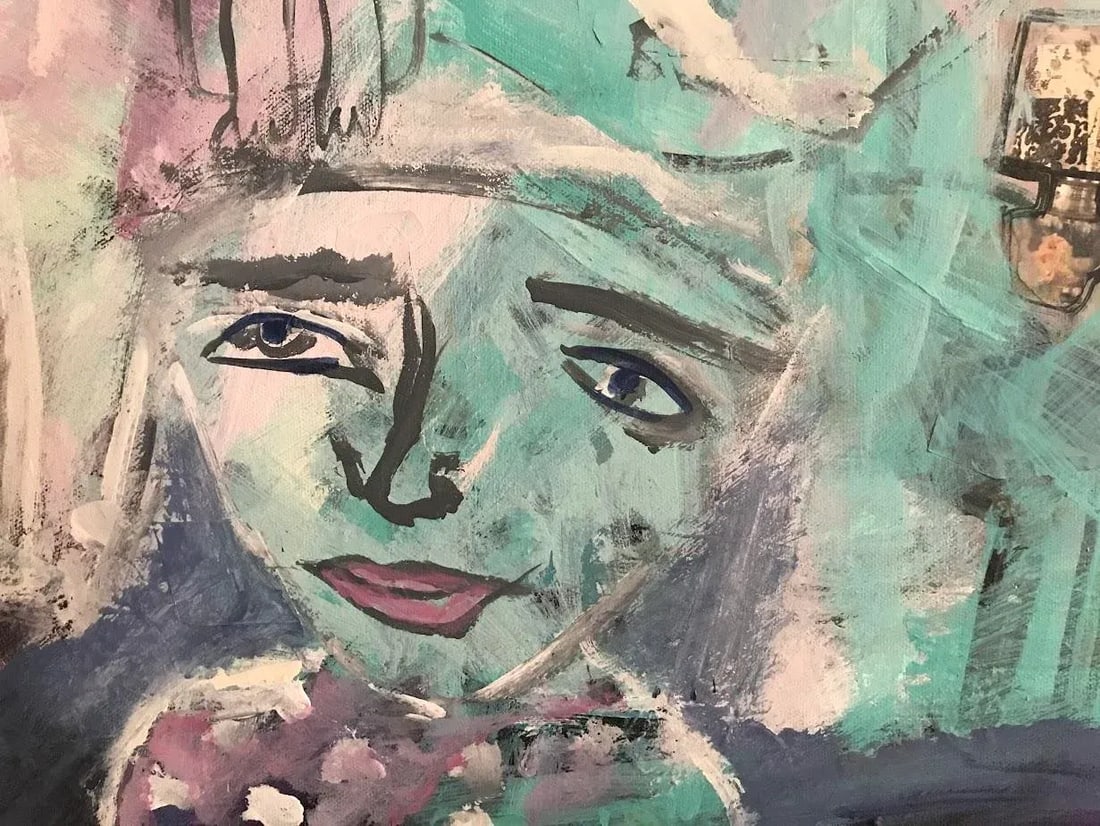 Original Naive Figurative Abstract Acrylic Painting, "Listening" - 2
