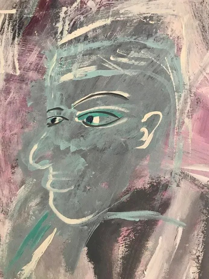 Original Naive Figurative Abstract Acrylic Painting, "Listening" - 4
