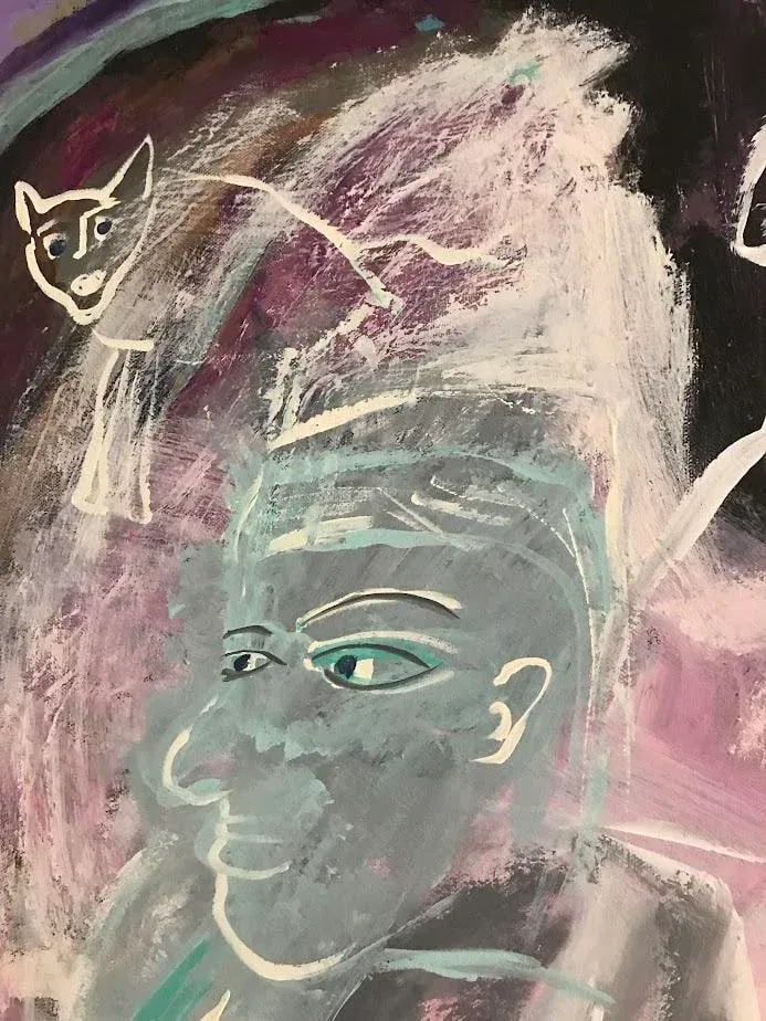 Original Naive Figurative Abstract Acrylic Painting, "Listening" - 7
