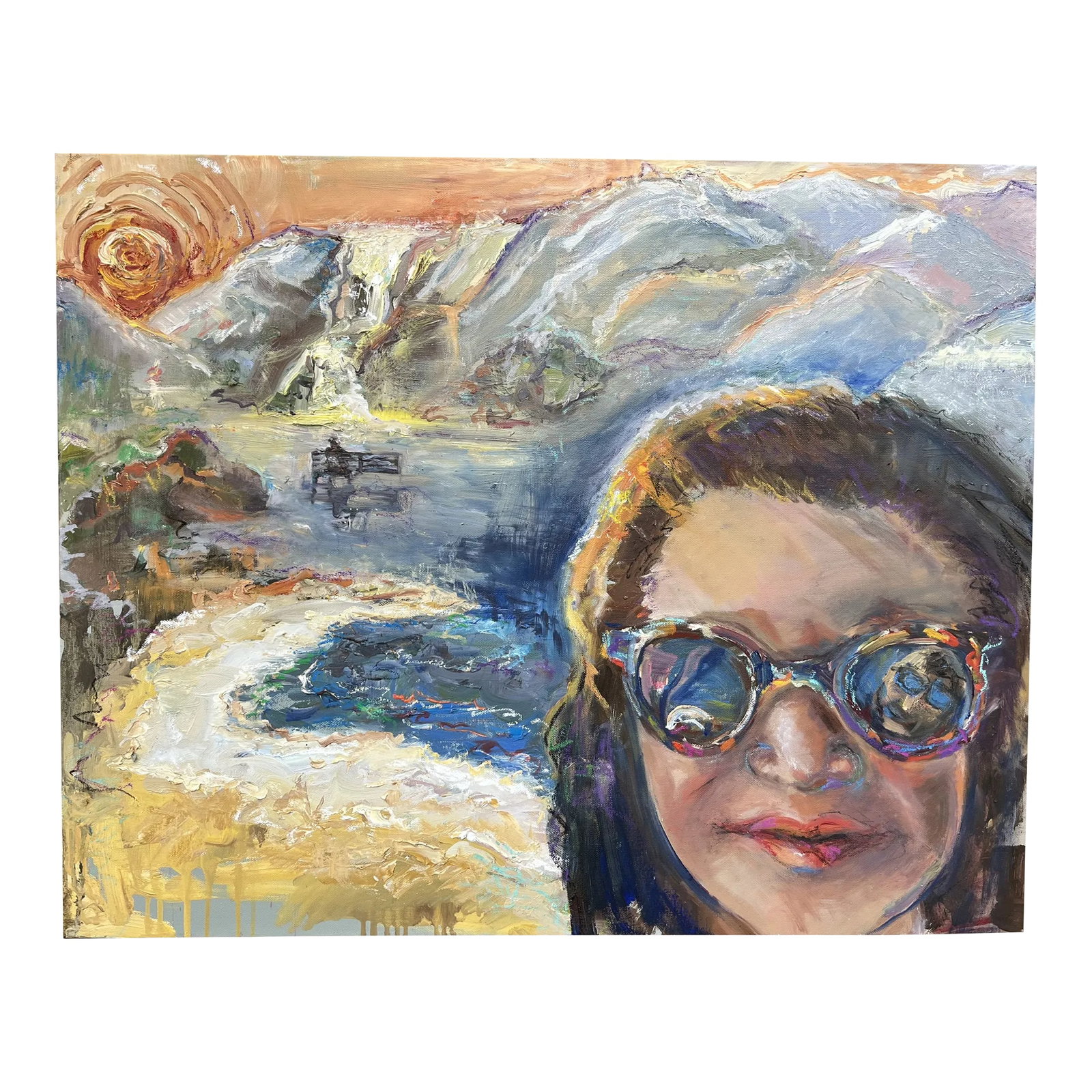 The Selfie, Original Expressionist Portrait, Oil Paintings, by Van Ness: 'The Selfie', Oil Painting, 30"x24" Painted edges, gallery wrapped canvas. Ready to hang. A woman takes a selfie with a beautiful backdrop behind her. Waterfalls, mountains, oceans, beaches and the