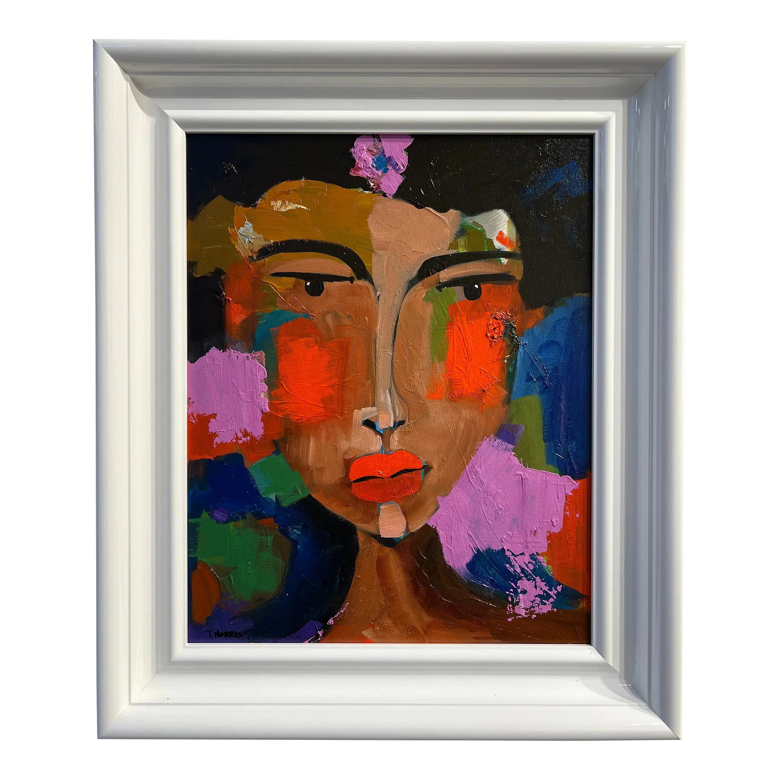 Expressionist Portrait Painting, She Can Wait if She Wants by Trudi Norris: found purpose series No. 5 original art by Trudi Norris painted October 2023 with re-purposed oil mixing pallet board title" she can wait if she wants" Signed Original stunning white glossy frame