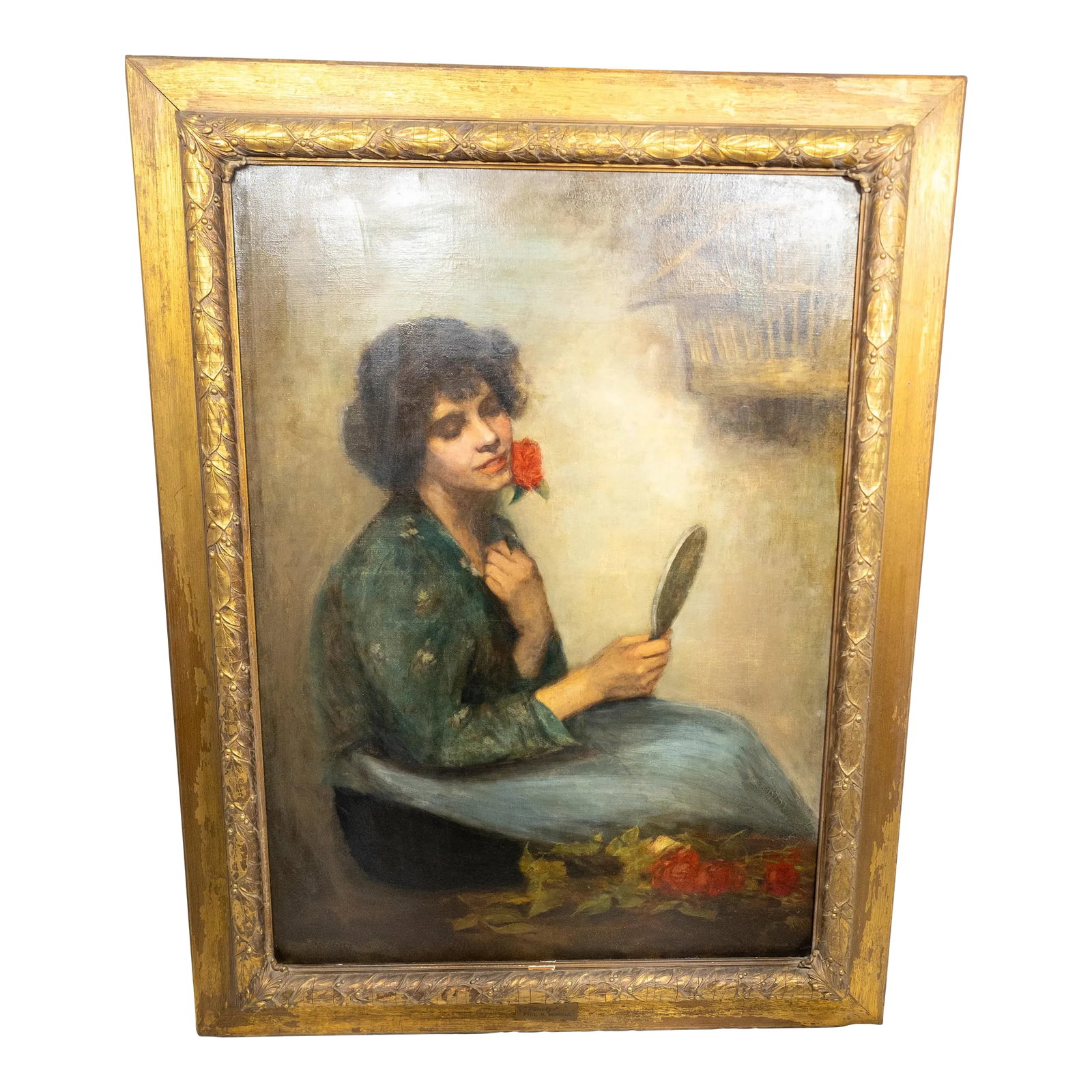 Late 19th Century English Painting of a Young Lady by Philip Richard Morris: We are selling this great large oil painting of a pretty girl admiring herself in a mirror. This large painting is executed on canvas with some signs of heavy cleaning but looks stunning in it's gilt