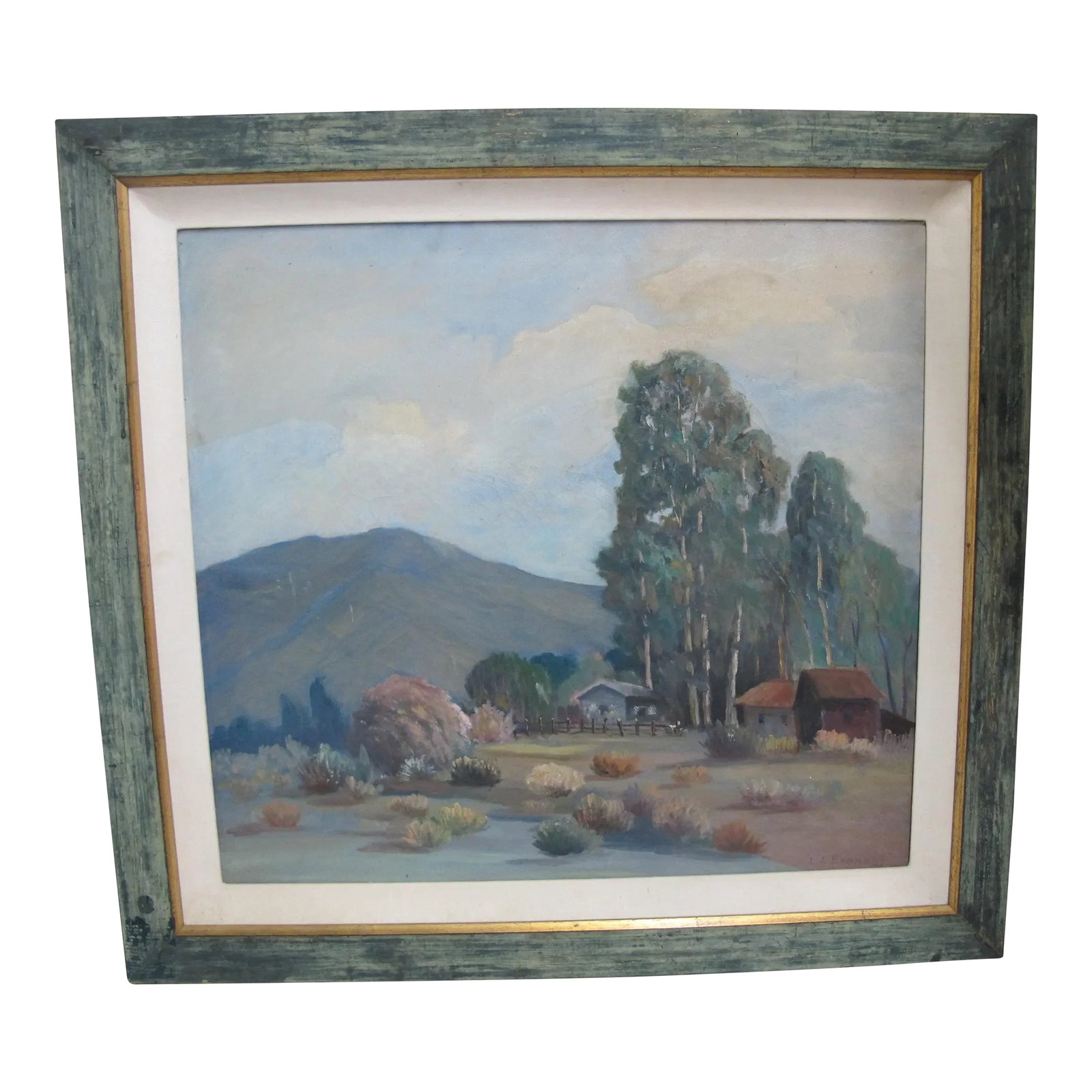 Signed Western Farmland Landscape Oil Painting: Large Western Landscape oil painting, signed at lower right, but unknown. Green tone wood frame measures 32.5" x 30.5", painting measures 25.5" x 23.5". Excellent condition. 10616-19 Condition: