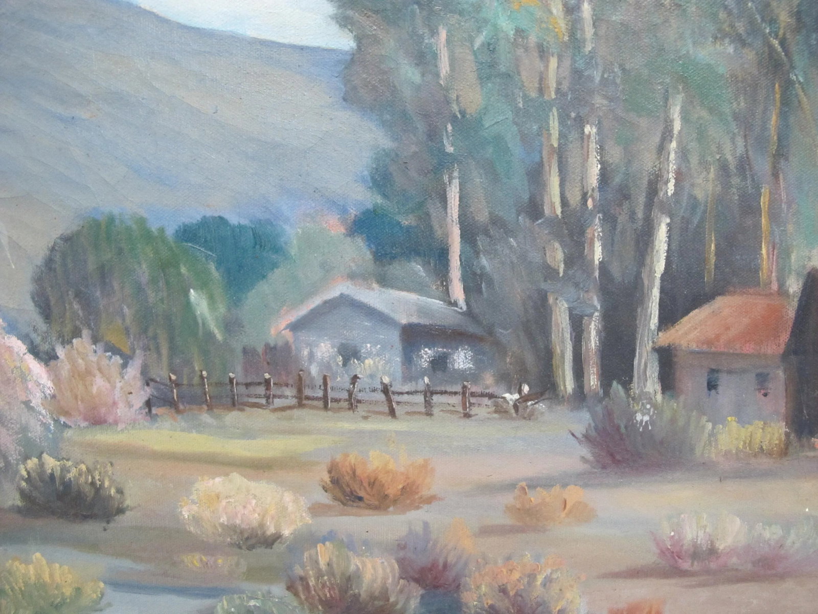 Signed Western Farmland Landscape Oil Painting - 4